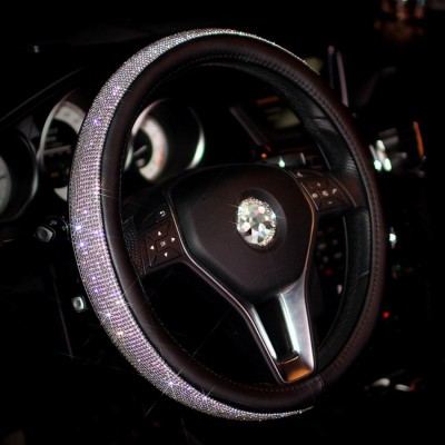 MLOVESIE Leather Steering Wheel Cover with Crystal Bling Bling Rhinestones for Girls,Lady Universal Fit 38cm
